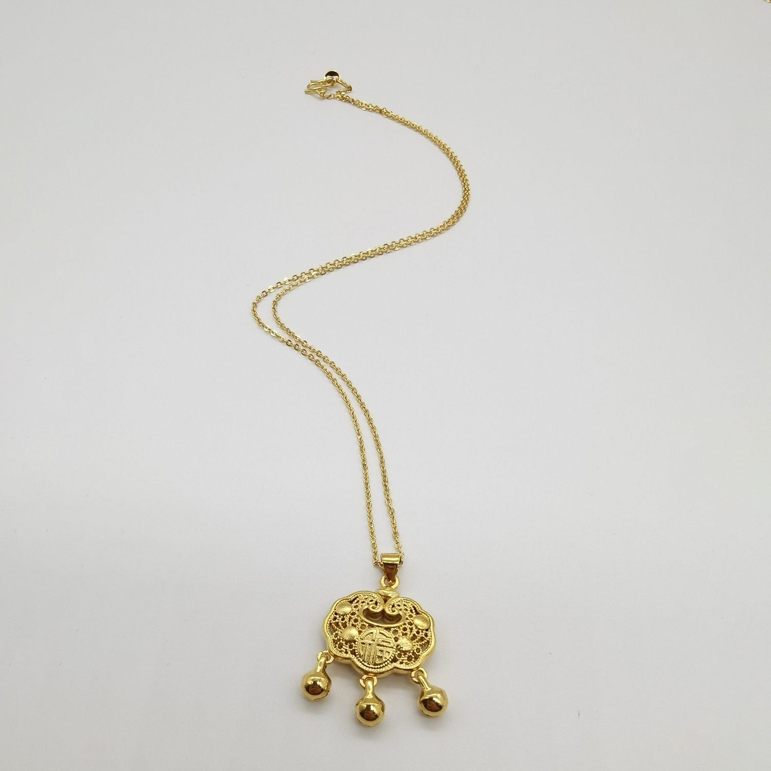 Alluvial gold ancient method vacuum electroplating 24K gold hollow peace lock necklace with blessing character