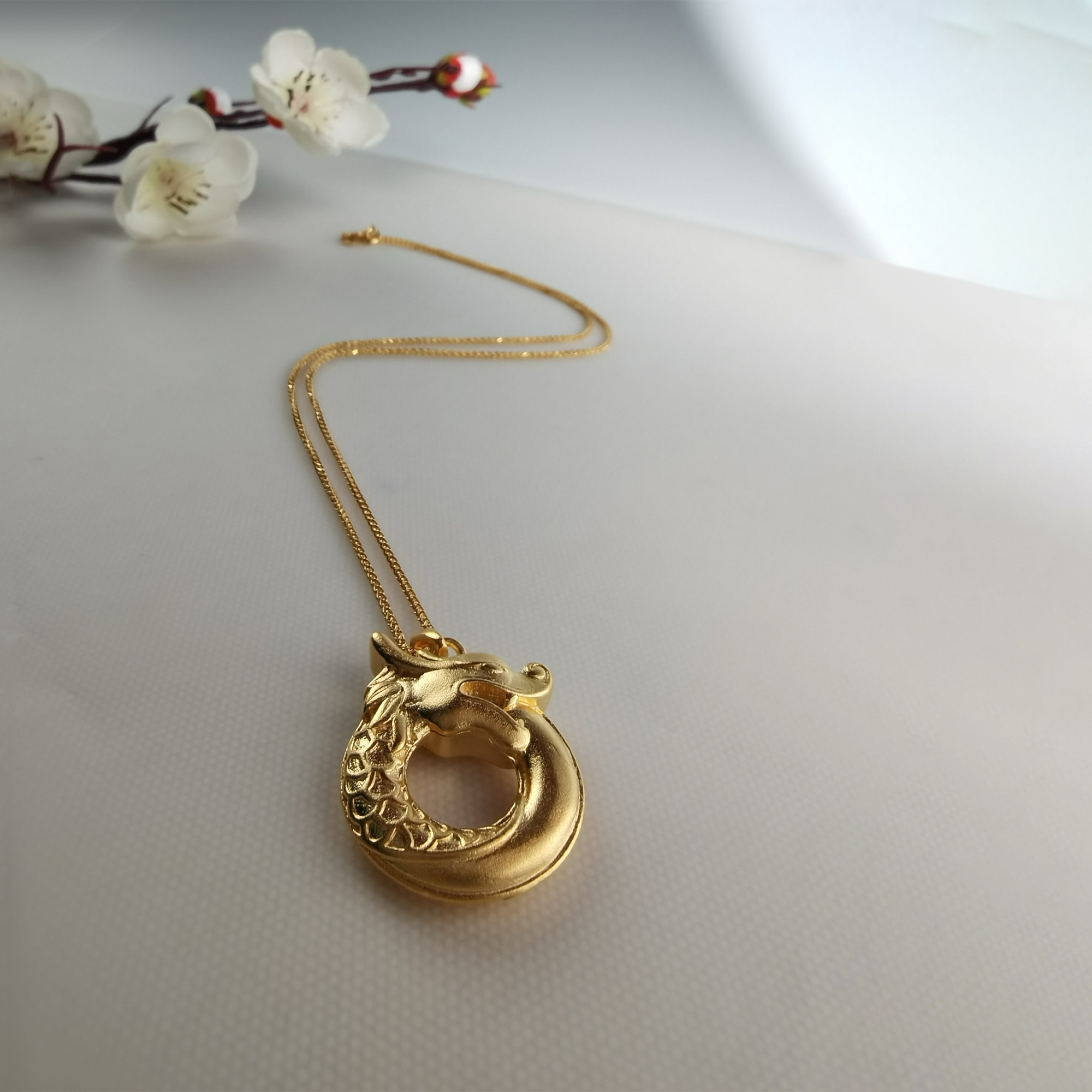 Alluvial Gold Ancient Method Vacuum Electroplating 24K Gold Hongfu Golden Dragon Necklace