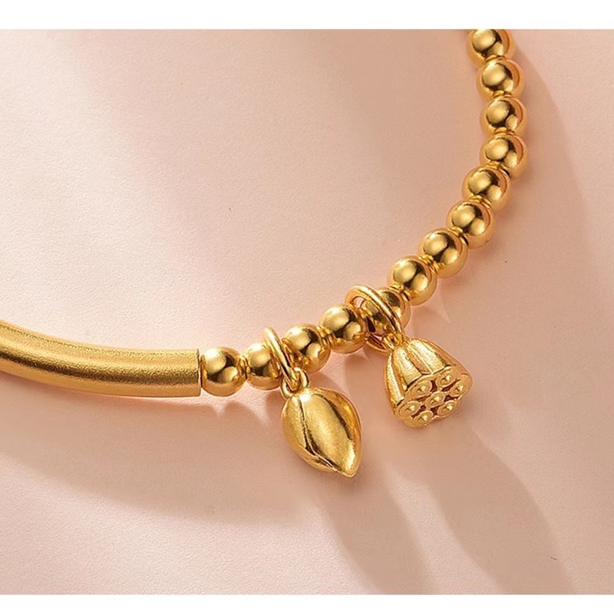 Alluvial Gold Ancient Method Vacuum Electroplating 24K Gold Lotus Bracelet of Joy of Two Generations