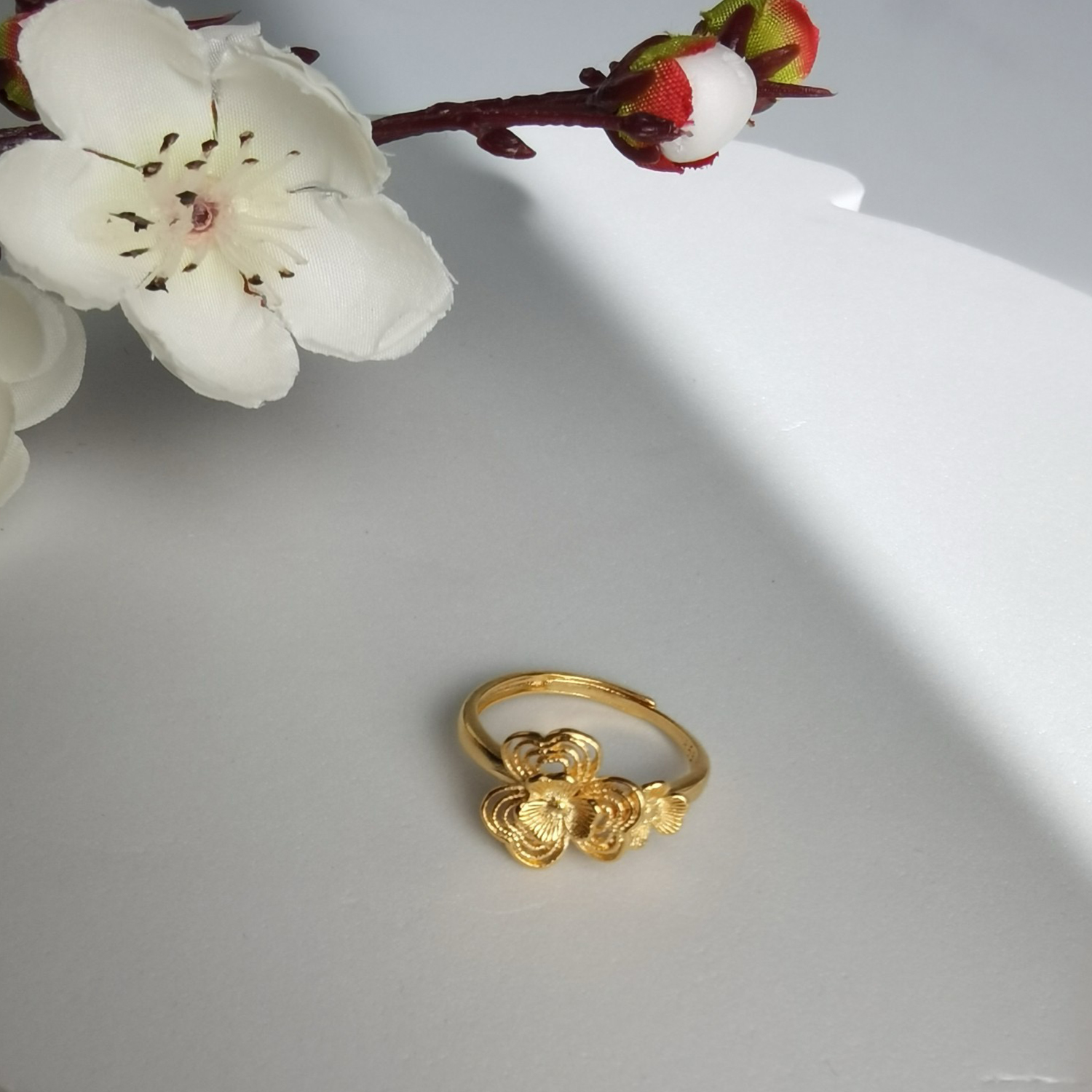 Alluvial Gold Vacuum Electroplating 24K Gold Clover Flower Loose Ring
