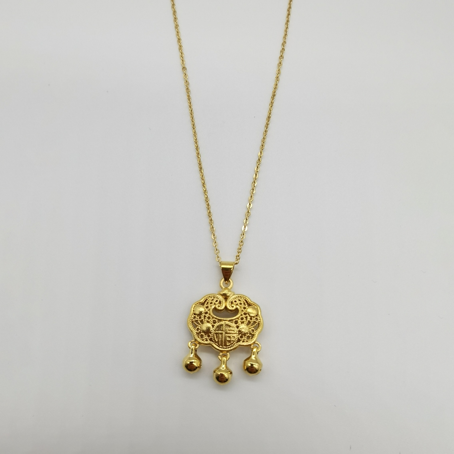 Alluvial gold ancient method vacuum electroplating 24K gold hollow peace lock necklace with blessing character