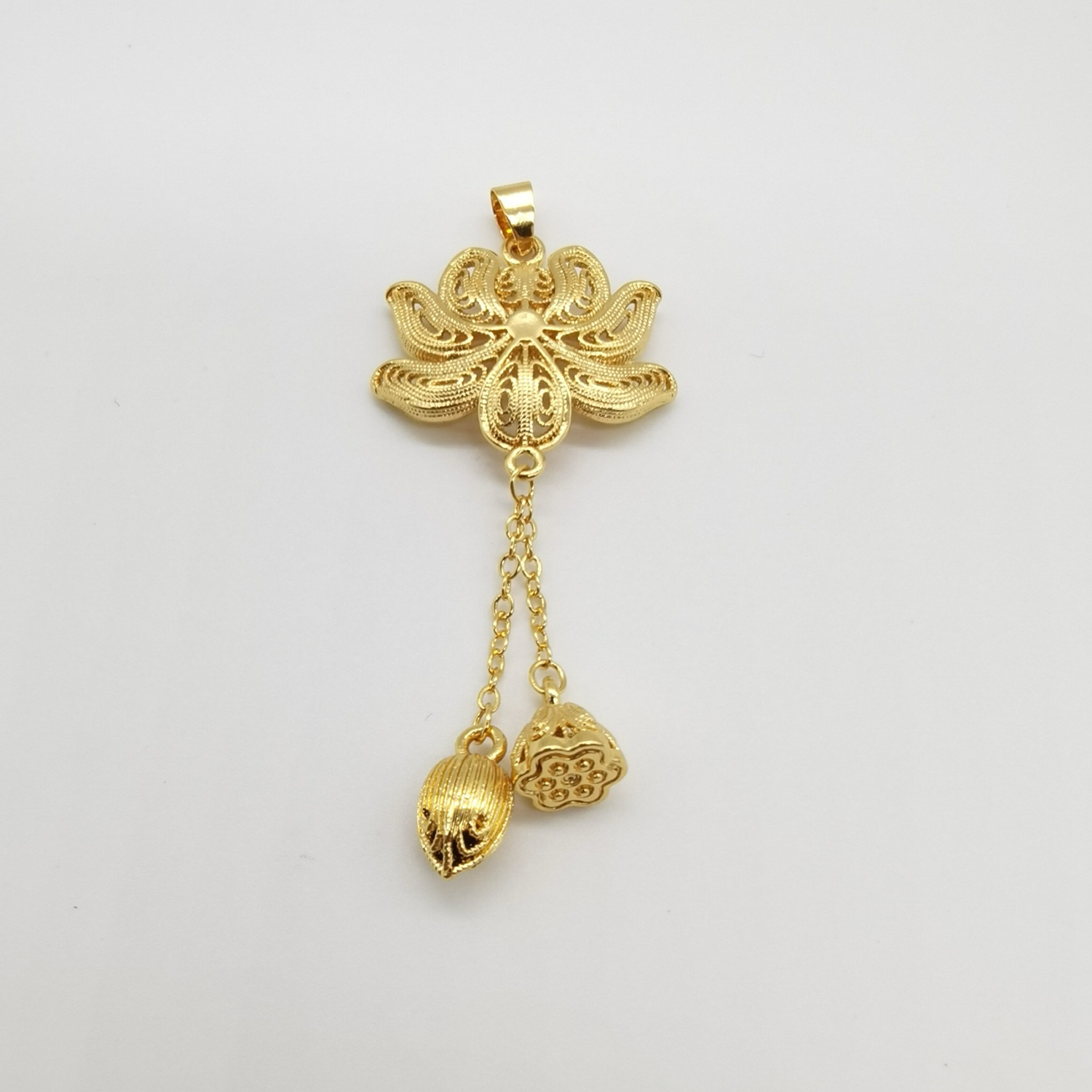 Alluvial gold ancient method vacuum electroplating 24K gold lotus pendant for joy of two generations