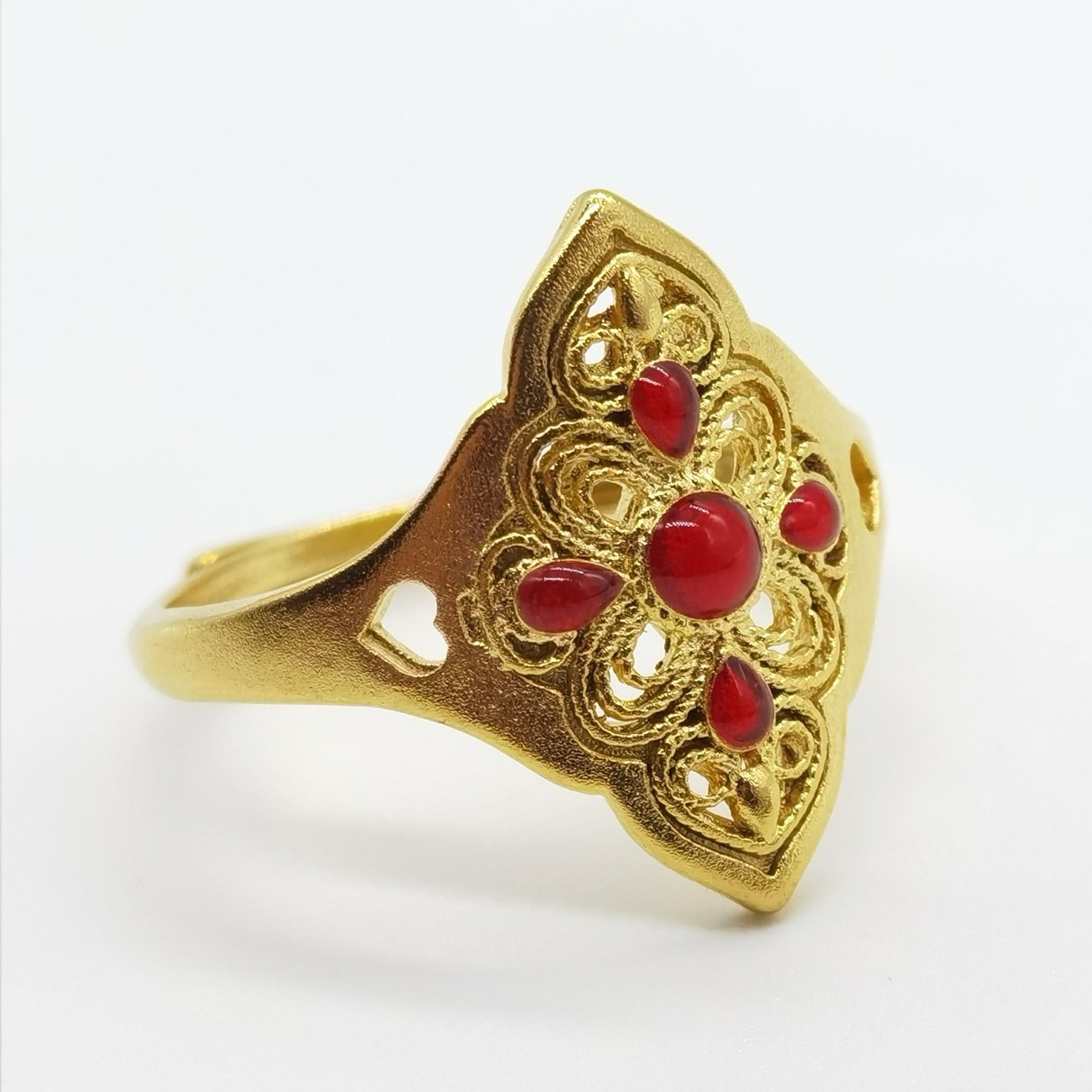 Alluvial gold ancient method enamel vacuum electroplating 24K gold palace style hollow ring